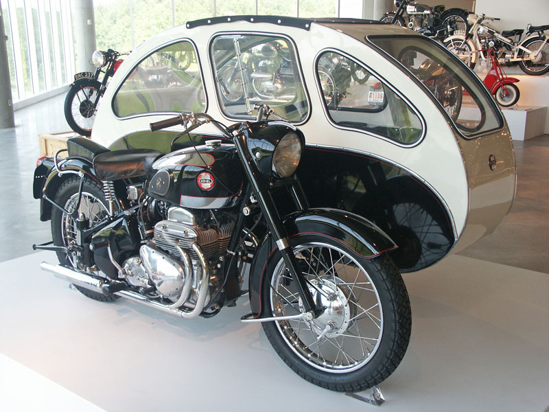 1958 Ariel Square Four motorcycle with enclosed sidecar